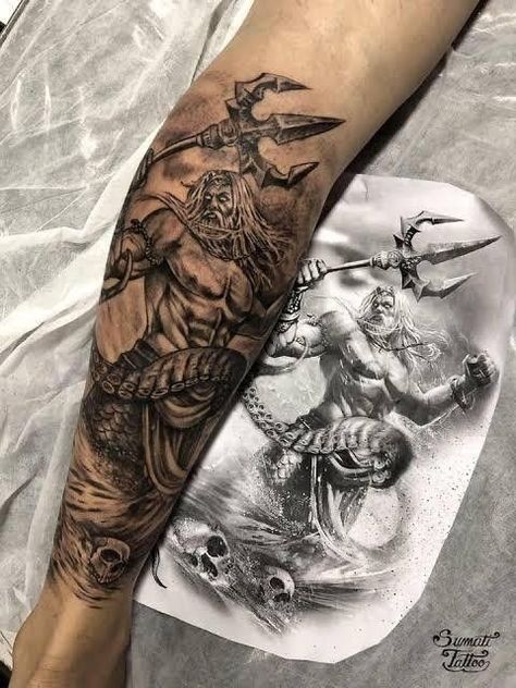 Posiden Tattoo Forearm, Poseidon Tattoos, Trident Tattoo, Greek God Tattoo, Half Sleeve Tattoos Forearm, Poseidon Tattoo, Zeus Tattoo, Realistic Tattoo Sleeve, Men Tattoos Arm Sleeve