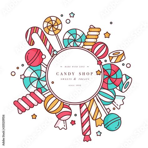 Candy Background, Candy Drawing, Food Doodles, Kids Candy, Frame Background, Aesthetic Photography Grunge, Candy Shop, Round Frame, Lollipop