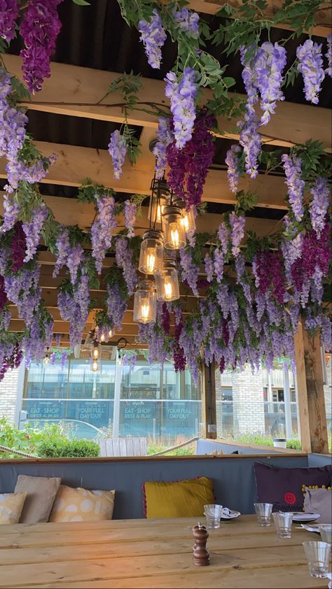 Floral Wall Restaurant, Indoor Wisteria Decor, Lavender Ceiling, Ceiling Flower Design, Wisteria Decor, Simple Floral Decor, Flower Canopy, Apothecary Decor, Flower Ceiling