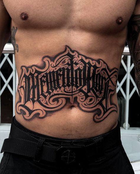 Such good stomach lettering work from Nana Letters!  Created with #magnumtattoosupplies ❤️  #letteringtattoo #scripttattoo #freehandtattoo #stomachtattoo Stomach Text Tattoo, Stomach Name Tattoo, Stomach Tattoo, Free Hand Tattoo, Writing Tattoos, Text Tattoo, Lettering Art, Stomach Tattoos, Hand Lettering Art