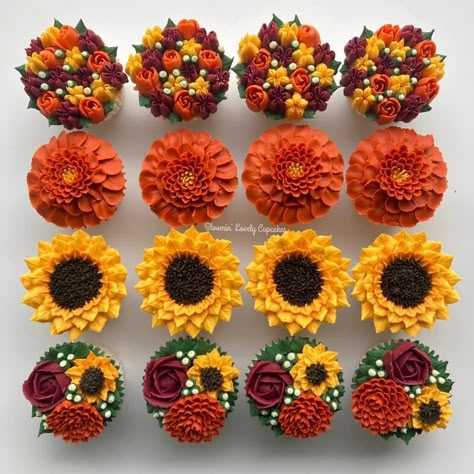 Fall Theme Cakes, Cupcake Flower Bouquets, Cupcakes Flores, Thanksgiving Cupcakes, Cupcake Decorating Tips, Fall Cupcakes, Thanksgiving Cakes, Sunflower Themed Wedding, Cupcake Cake Designs