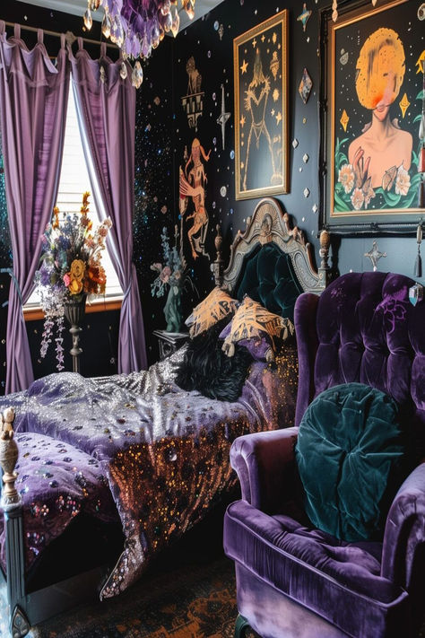 A mix of dark gothic elements and 90s pop culture in over 40+ bedroom inspirations for a unique redesign. Whisimgoth Bedroom, Romantic Goth Room, Whimsigoth Bedroom, Goth Bedroom Ideas, Whimsy Goth Bedroom, Goth Bedroom, Whimsical Bedroom, Gothic Bedroom, Whimsy Goth