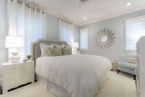 Calm and cozy, this bedroom design uses light blue, neutral and white to create a relaxed and stylish space. Blue Bedroom Paint, Modern Bedroom Colors, Best Bedroom Paint Colors, Modern Paint Colors, Best Bedroom Colors, Bedroom Colour Palette, Transitional Bedroom, Bedroom Wall Colors, Bedroom Color Schemes