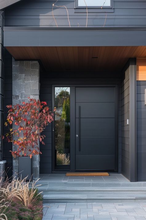 Opt for urban sleekness at your gray house's entrance with 40 front door color ideas. #UrbanSleek #GrayHouse #FrontDoorColor House Doors Front Entrance Modern, Front Door Dark Grey, Exterior Front Door Ideas Entrance, Modern Doors Exterior Entrance, Gray House Exteriors, Modern Black Front Door, Modern House Door Design, Minimalist Front Door, Front Entrance Ideas