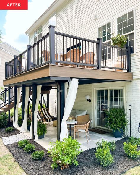 Curtains around the ground-level patio can be closed to provide additional sun protection or privacy. Credit: Trex Company Sunroom With Deck On Top, Backyard Under Deck Patio Ideas, High Decks Backyard, Deck With Patio Underneath, 2nd Floor Deck Ideas, Sunroom Backyard, Second Floor Deck Ideas, Under Deck Patio Ideas, Townhouse Patio