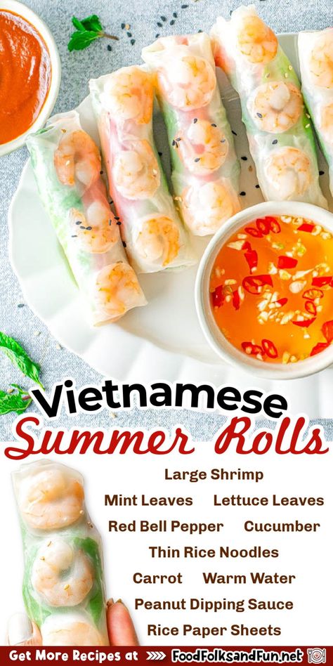 Vietnamese Summer Rolls are a fresh and healthy appetizer or light lunch made with shrimp, rice paper, noodles, lettuce, bell pepper, carrot, and cucumber. I even include two recipes for dipping sauces! Summer Rolls With Shrimp, Rice Paper Recipes Shrimp, Shrimp Rolls Rice Paper, Fresh Spring Rolls Recipe, Rice Paper Rolls Recipes, Vietnamese Rice Paper Rolls, Shrimp Summer Rolls, Summer Lunch Recipes, Vietnamese Summer Rolls