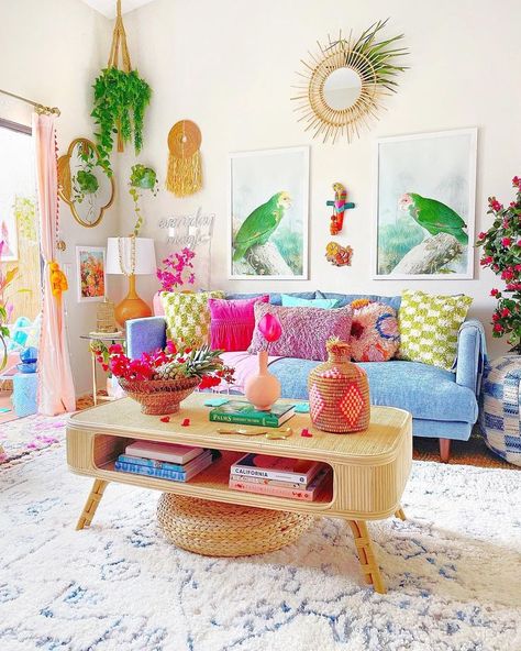 Tropical Vibe Living Room, Colourful Boho Decor, Bright Tropical Aesthetic, Tropical Room, Colourful Living Room Decor, Colorful Apartment, Colourful Living Room, Colorful Space, Happy We