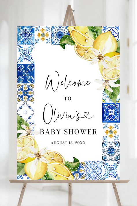 Blue Tiles Lemon Baby Shower Welcome Sign Template, Editable Italian Lemon Amalfi Coast Mediterranean Positano Baby Shower Welcome Poster M5 Italian Baby Showers, Olive Oil Wedding Favors, Italian Bridal Showers, Couple Wedding Shower, Baby Shower Yellow, Spring Bridal Shower, Summer Bridal Showers, Summer Baby Shower, Bridal Shower Welcome Sign