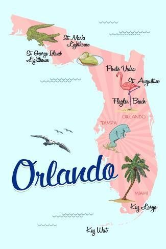 size: 18x12in Art Print: Orlando, Florida - Typography & Icons - Pink & Blue - Lantern Press Artwork by Lantern Press : Holmes Beach Florida, Florida Poster, Saint George Island, Flagler Beach, Holmes Beach, Orlando Beach, Blue Lantern, Fountain Design, Florida Art