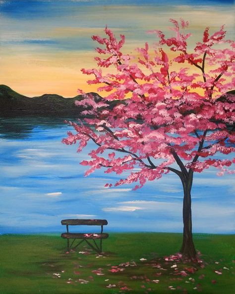 Wine & painting cherry blossoms at Pinot’s Palette Easy Nature Paintings, Easy Landscape Paintings, Kraf Kertas, Cherry Blossom Painting, Siluete Umane, Simple Canvas Paintings, Easy Canvas Art, Easy Canvas Painting, Seni Cat Air