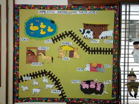 Pet Animals Chart For Preschool, Farm Animal Board Preschool, Animal Theme Board Decoration, Farm Animals Board Ideas, Domestic Animals And Their Homes, Animal Chart For Preschool, Animals And Their Homes Project, Animal Theme Board For Preschool, Domestic Animals Activities