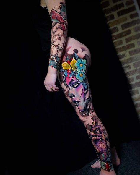 Colorful Leg Tattoos For Women, Inside Leg Tattoo, Female Tattoos Ideas, Whole Body Tattoo Woman, Leg Tattoo Designs For Women, Bright Tattoos For Women, Full Leg Tattoos Women, Tattoo Pierna Mujer, Famous Tattoo Artists