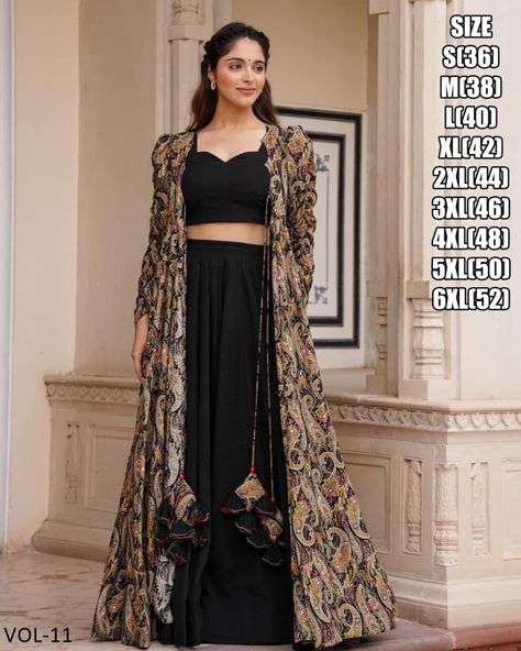 Introducing our breathtaking 3-piece Koti style Indo-western suit! This stunning collection features a printed crop top, elegant skirt or palazzo, and chic parallels, all beautifully complemented by a stylish printed shrug. Elevate your wardrobe with this must-have ensemble! #weareffortlessly #Indowestern #Fashion #Style #Trendy #Chic #OOTD #InstaFashion #Luxury . ▪️Fabric Detail Shrug Fabric: Pure Rayon Blouse/Skirt Fabric : Faux Georgette . Pattern: Digital Print . Top Length: - 14-15” Skir... Shrug Dresses Indian, Indowestern Outfits Casual, Indo Western Outfits Casual, Black Indo Western Dress, Georgette Crop Top, Long Shrug, Traditional Skirts, Desi Dress, Shrug For Dresses