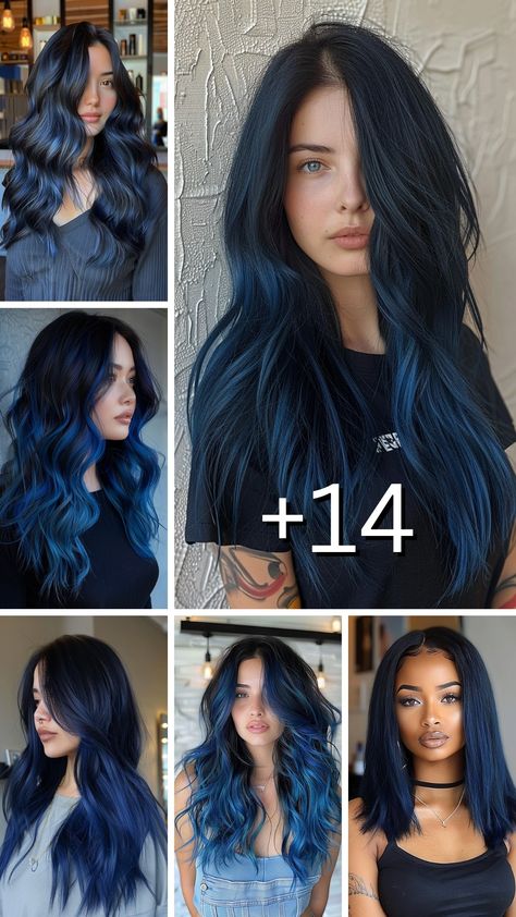 24 Bold Blue Black Hair Adventures Ink Blue Hair Color, Midnight Indigo Hair Color, Black Hair With Blue Peekaboos, Midnight Blue Black Hair Color, Midnight Blue Balayage, Blue Black Balayage, Blue Balayage Hair Brunettes, Black Hair With Blue Undertones, Black And Blue Ombre Hair