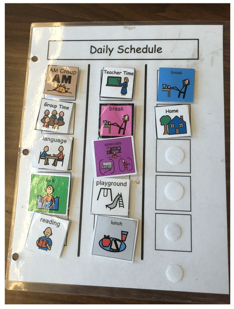 Moveable Piece Picture Schedules Pictures help our learners make meaning of the words we are telling by providing a visual representation of the activity. Picture schedules traditionally start out on the wall. Activities are lined up in the sequence they will be done Visual Schedule Template, Special Education Visual Schedule, Visual Timetable, Picture Schedule, Communication Book, Daily Schedule Template, Visual Supports, Visual Schedules, Visual Schedule