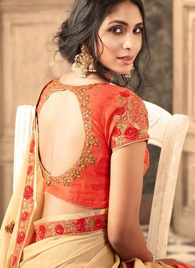 Cream and Orange Embroidered Silk Saree - Lashkaraa Blouse Designs High Neck, Pattu Saree Blouse Designs, Backless Blouse Designs, Blouse Back Neck Designs, Sari Blouse Designs, Wedding Blouse Designs, Silk Saree Blouse Designs, Blouse Designs Indian, Blouse Designs Silk