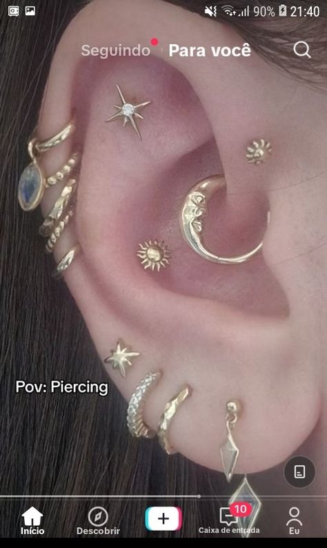 Ear Piercing Ideas Big Earlobes, Capricorn Ear Piercing, Cool Ear Piercings Punk, Piercing Arrangements, Unique Ear Piercings, Ear Piercing Ideas, Ear Piercings Chart, Ankle Bracelets Diy, Piercing Inspo