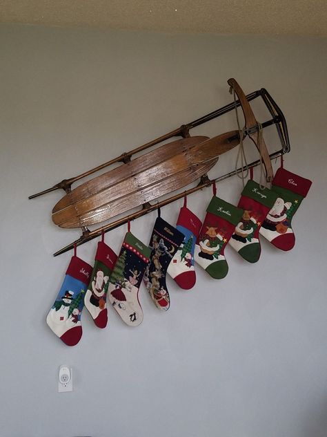 This was a great solution to hang stockings. No mantle no problem and a great use of an heirloom! Stocking Holder No Fireplace, Stockings No Mantle, Where To Hang Stocking With No Fireplace, Stocking Hanging Ideas No Fireplace, Stocking Display, Christmas Sticking, Christmas Stocking Stand, Stocking Stand, Modern Christmas Stocking