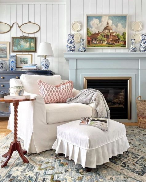 Climbing Roses: Sunday Strolls + Scrolls Sitting Room With Fireplace, White Slipcovered Chair, Happy Room, Where I Want To Be, Classic Coastal, Blue White Decor, Room With Fireplace, Coastal Carolina, Traditional Fireplace