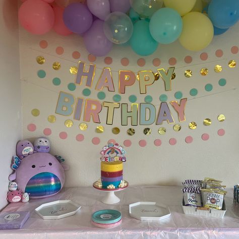 Squishmallow Balloon Garland, Squishmallow Dessert Table, Diy Squishmallow Party Decorations, Squish Mellow Birthday Party Decorations, Squishmallow Birthday Decorations, Squishmallow Birthday Party Ideas Diy, Squishmallow Pool Party, Sqishmelow Birthday, Squish Mellow Birthday Party Ideas