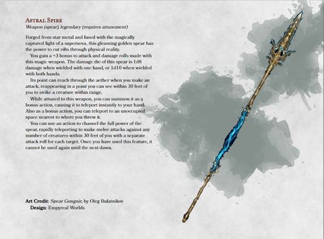 Dnd Spear Item, Dnd 5e Homebrew Items Legendary, Monk Magic Items 5e, Legendary Dnd Items, Dnd Spear, Spear Ideas, Magic Spear, Monk Dnd, Homebrew Items