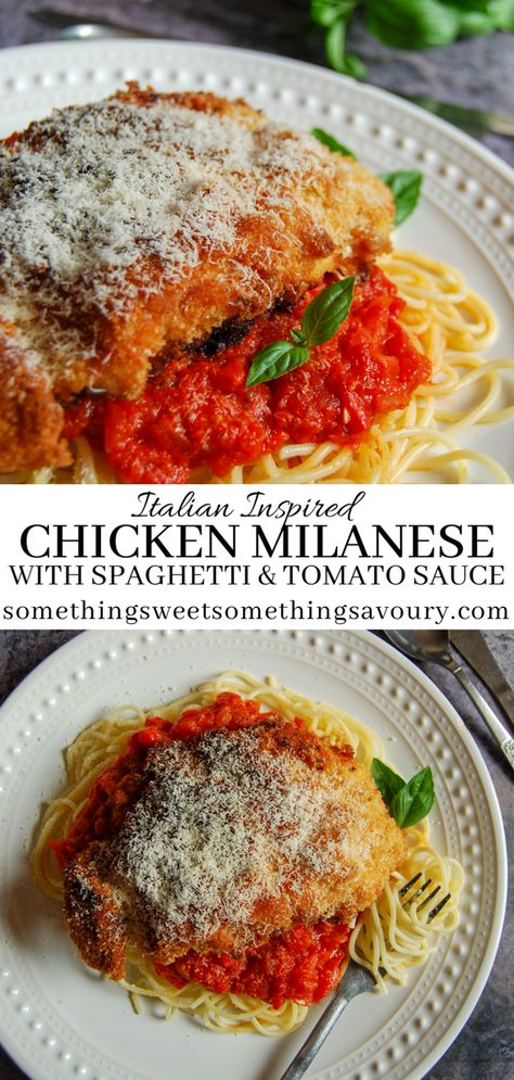 This Chicken Milanese with Spaghetti and tomato sauce is a delicious Italian inspired meal – prepare the chicken and sauce in advance for a speedier midweek dinner! #chickenmilanese #spaghetti #chickendinners #breadedchicken Chicken Milanese Healthy, Chicken Milanese Pasta, Chicken Milanesa Recipe, Spaghetti Milanese, Chicken Milanesa, Chicken Milanese Recipe, Chicken And Sauce, Spaghetti Tomato Sauce, Milanese Recipe