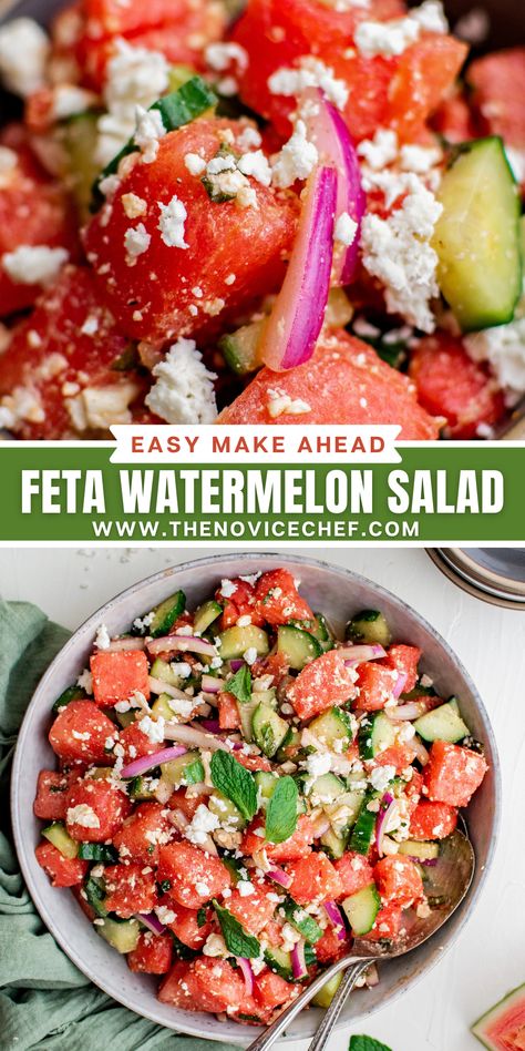 Sweet cold watermelon and creamy feta cheese star in this tangy-salty-sweet recipe for Watermelon Feta Salad. It’s a juicy, crisp, and savory side dish that will impress and delight everyone! Watermelon Salad With Feta Cheese, Feta Watermelon, Watermelon Feta Salad Recipes, Easy Potluck Recipes, Salad With Feta Cheese, Watermelon Salad Recipes, Salad With Mint, Feta Salad Recipe, Creamy Feta