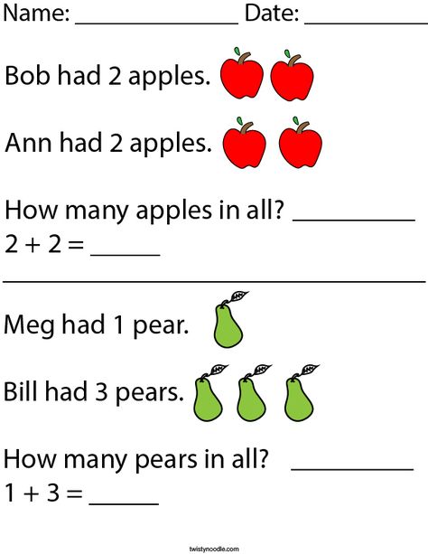 Addition Word Problems- Kindergarten Math Worksheet - Twisty Noodle Addition Concepts Kindergarten, Numeracy For Kindergarten, Math Problems For Kindergarten, Addition Word Problems Kindergarten, Addition Problem Solving Worksheets, Story Problems Kindergarten, Kindergarten Word Problems, Word Problems For Kindergarten, Addition Worksheets Kindergarten