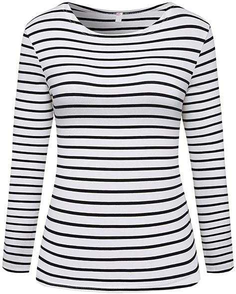 LilyCoco Women's Long Sleeve Striped T-Shirt Tee Shirt Tops Slim Fit Blouses (X-Small, Black White) at Amazon Women’s Clothing store Breton Stripe Shirt, Capsule Wardrobe Checklist, Striped Shirt Women, Striped Short Sleeve Shirt, Fitted Blouses, Clothing Retail, Striped Long Sleeve Shirt, Striped T Shirt, Casual Stripes