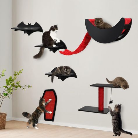 PRICES MAY VARY. 【Gothic Cat Wall Shelves】This wall-mounted cat climbing set includes 1 spacious moon cat hammock, 3 bat-shaped cat wall shelve, 1 cat bridge ladder, 1 cat scratching post with a hanging spider toy and 1 oversized cat scratching board. Ideal cat furniture for your beloved cat and your living space. It will meet cats' needs for resting, scratching, jumping and playing. 【Sturdy & Cozy Design】Maximum Weight Capacity: 20 lbs. This moon cat house is made of premium pine wood and soft Cat Bed Attached To Bed, Cat Wall Climbing System, Gothic Cat Furniture, Diy Kitten Toys, Furniture For Cats, Cat Bridge, Hanging Spider, Gothic Cat, Cat Climber