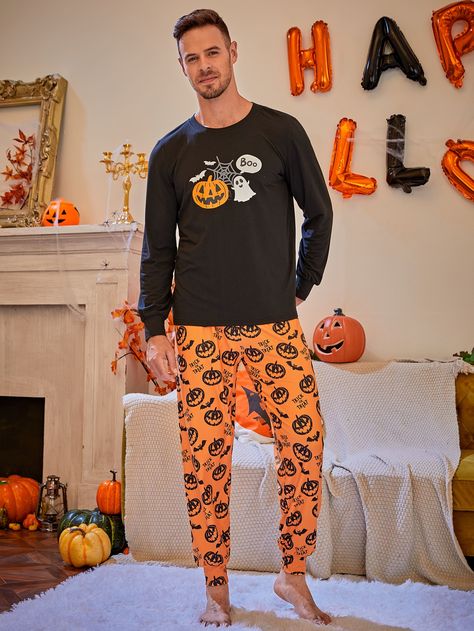 Multicolor  Collar Long Sleeve  Halloween,Letter Pajama Sets Embellished Medium Stretch  Men Underwear & Loungewear Avengers Outfits, Men Loungewear, Halloween Letters, Halloween Haunted House, Halloween Pajamas, Halloween Haunted Houses, Sleep Pants, Pumpkin Print, Loungewear Sets