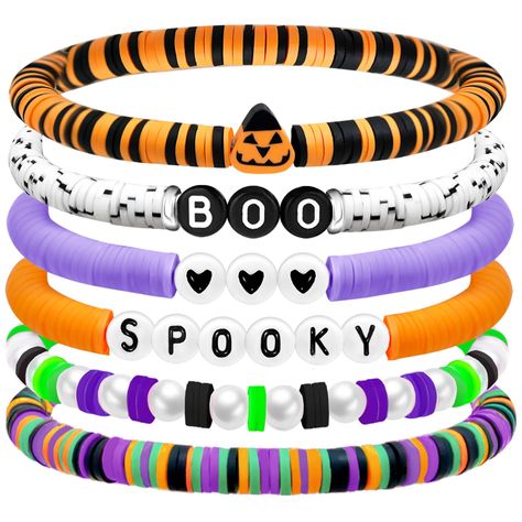 PRICES MAY VARY. Festive Charm: Elevate your Halloween look with our stackable surfer heishi bracelets, expertly crafted with preppy clay beads HOCUS POCUS SPOOKY/BOO SPOOKY/HALLOWEEN BOO that stretch to fit most wrist sizes Spooky Yet Stylish: This 7-piece set features Halloween-themed charms, perfectly blending spooky elements with fashionable accessories for any party, costume contests or cosplay event Versatile Wear: Mix and match these clay bead bracelets to complement various outfits — fro Halloween Acssesories, Friends Themed Bracelets, Hocus Pocus Clay Bead Bracelet, Clay Beads Ideas Halloween, Cute Bracelets With Clay Beads, Easy Clay Bead Bracelet Ideas, Clay Beads Halloween, Halloween Bracelet Ideas Clay, Disney Clay Bead Bracelets Ideas