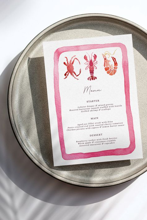 Dinner Party Menu Design Ideas, Lobster Dinner Party, Wedding Dinner Menu Ideas, Dinner Party Menu Template, Bridal Shower Aesthetic, Bridal Shower Dinner Party, Summer Chique, Lobster Wedding, Lobster Menu