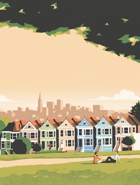 Illustration for an event hosted by Mr Porter at the house of Airbnb co-founder, Joe Gebbia, in San Francisco. Painted Ladies San Francisco, London Rooftops, Italy Sunset, Alphabet City, Ny Hotel, Sun Illustration, London Map, Palm Springs California, Chateau France