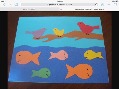 Creation Day Five, God made the fish and the birds Creation Bible Crafts, Seven Days Of Creation, Bible Study Activities, 7 Days Of Creation, Creation Bible, Preschool Bible Lessons, Children's Church Crafts, Bible Story Crafts, Days Of Creation