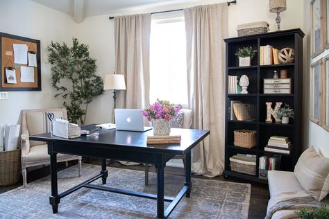 Office Furniture Arrangement, Black Office Furniture, Sanctuary Home Decor, Sanctuary Home, Home Office Makeover, Office Shelving, Beautiful Bedrooms Master, Cozy Home Office, My Home Office