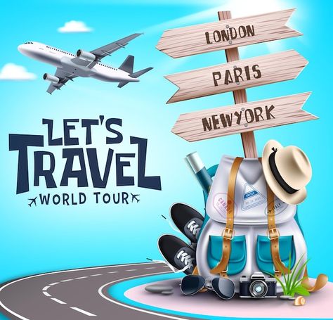 Travel vector banner design. let's go tr... | Premium Vector #Freepik #vector #travel #travel-3d #tourism #camp Travel Advertising Design, Travel Brochure Design, Azerbaijan Travel, Tourism Design, Travel Vector, Adventurous Design, Travel Creative, Travel Advertising, Travel Poster Design