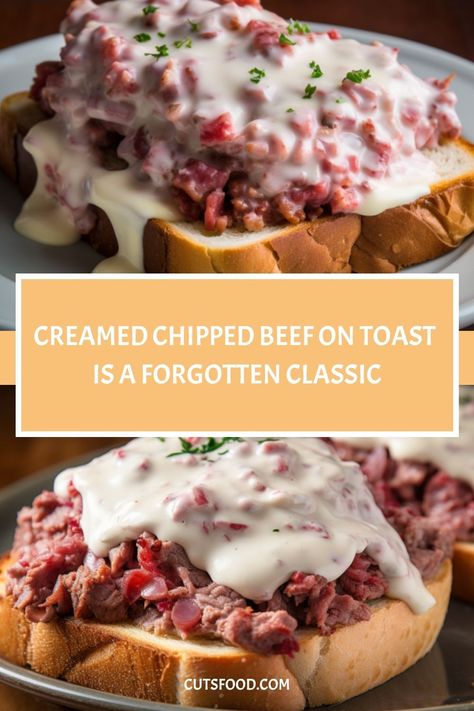 CREAMED CHIPPED BEEF ON TOAST IS A FORGOTTEN CLASSIC Classic Creamed Chipped Beef On Toast, Chip Beef On Toast, Cream Chipped Beef, Creamed Chipped Beef On Toast, Chipped Beef On Toast, Beef On Toast, Creamed Chipped Beef, Chipped Beef, Gourmet Cooking