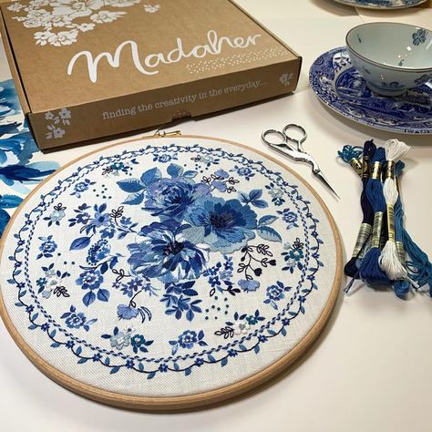 Indigo blue embroidery kit. BACK IN STOCK. | Etsy Porcelain Embroidery, Indigo Embroidery, Garden Embroidery, Painted Florals, Blue Porcelain, Blue Embroidery, Embroidery Kit, Sewing Skills, Vintage Embroidery