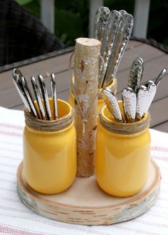 Diy Utensil Holder, Rustic Utensil Holder, Mason Jar Utensil Holder, Diy Utensils, Mason Jar Organization, Mason Jar Storage, Mason Jar Projects, Rustic Mason Jars, Jar Storage