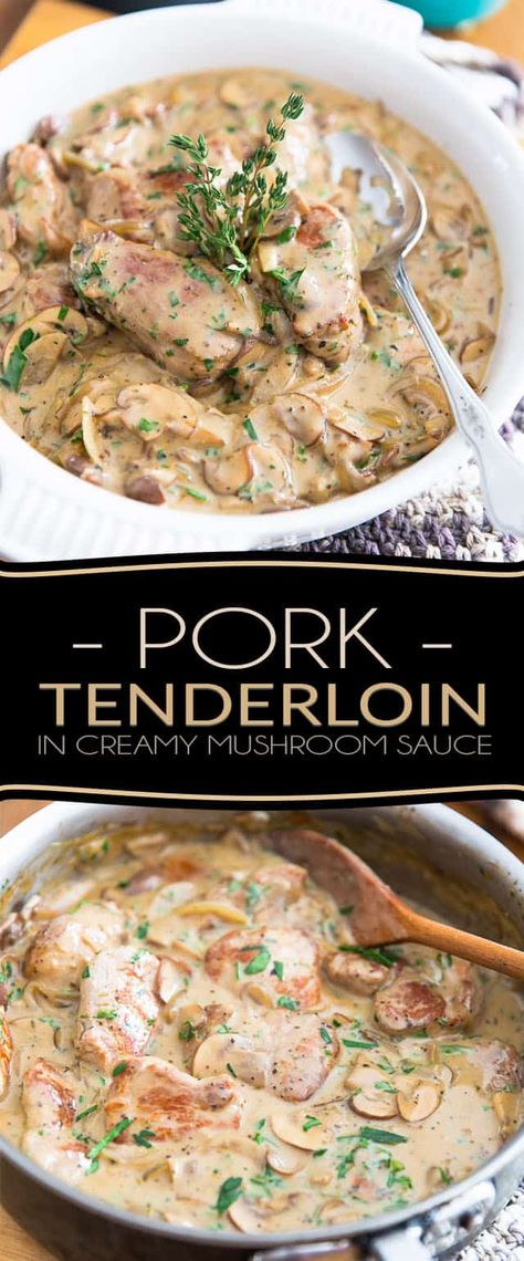 Ready in under 20 minutes, this Pork Tenderloin in Creamy Mushroom Sauce is perfect for any night of the week, yet is so good that it's totally worthy of being served on any special occasion! Sauce Recipes For Pork, Recipes In Crockpot, Pork Tenderloin Recipes In Crockpot, Hawaiian Kalua Pork, Recipes For Pork, Cooking Pork Tenderloin, Pork Sauce, Kalua Pork, Pork Fillet