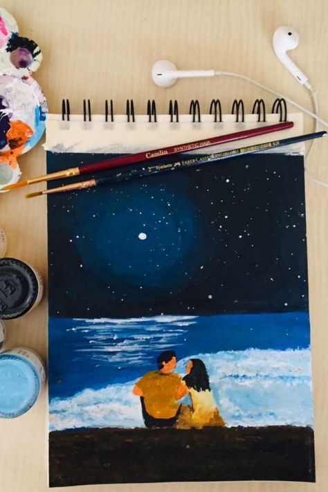 Beach Couple Painting, Couple On Beach Painting, Couple Sitting On Beach, Sitting On Beach, Couples Canvas Painting, Beach Sketches, Beach Canvas Paintings, Ideas Cuadros, Sea Drawing