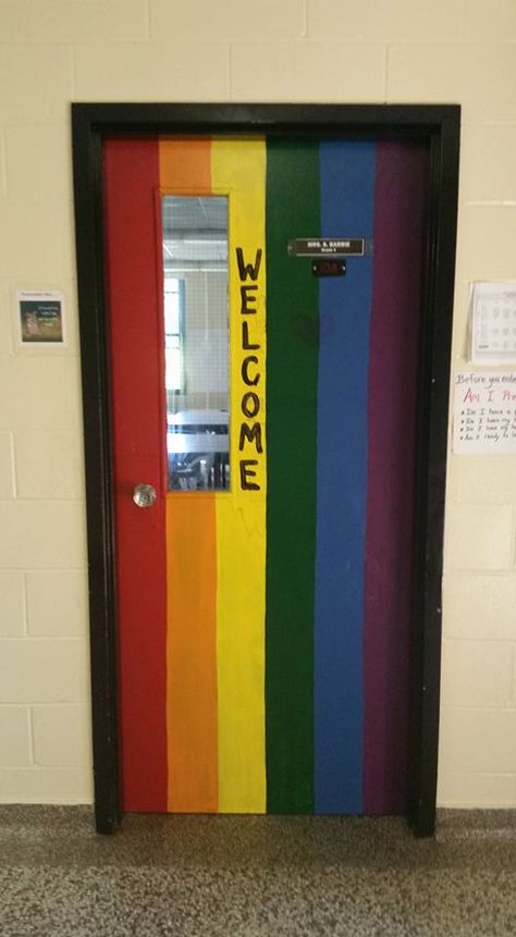 LGBTQ  GSA   I teach middle school.  This is my classroom door.  I am a strong supporter of the LGBTQ community. Pride Door Decorating, Christmas Door Decorating Ideas, Classroom Door Displays, Teacher Corner, Pride Decor, Pride Ideas, Lgbt Center, Christmas Door Decorating, Safe Person