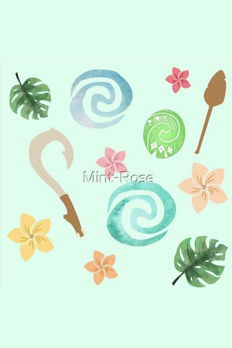 Pattern inspired by Moana, including the water symbol, Maui's fish hook, Moana's oar, the Heart of Te Fiti, and tropical flowers and leaves available on my RedBubble shop (Mint-Rose) with over 90 types of products available Moana Tattoos, Maui Fish Hook, Moana Drawing, Maui Hook, The Heart Of Te Fiti, Disney Moana Art, Maui Moana, Heart Of Te Fiti, Te Fiti