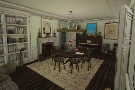 A fabulous bloxburg dining room Vintage Bloxburg House, Bloxburg Dining Room, Cottage Core Bloxburg House, Bloxburg Interior, Bloxburg Building, Bloxburg Town, Bloxburg House Ideas 1 Floor, Blocksburg Room Ideas￼, House Plans With Pictures