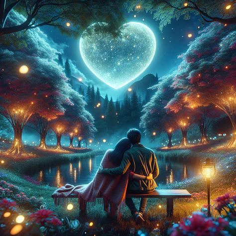 In this AI-generated image, a heart-shaped moon illuminates a couple on a park bench, enveloped by nature's beauty and the glitter of fireflies. Discover love - link in profile. 

#RomanticArt #AIGeneratedImage #LoveManifested #MoonlightRomance #ParkScene #LoveArtwork Wedding Art Illustration, Love Illustration Art, Dreamscape Architecture, Beach Romance, Mother Kali, Love Couple Wallpaper, Dreamy Artwork, Arabic Names, Photo To Cartoon