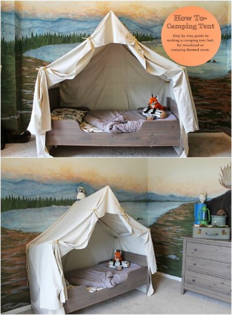 Sleep in Absolute Luxury with these 23 Gorgeous DIY Bed Canopy Projects - DIY & Crafts Tent Over Bed, Boys Bed Canopy, Diy Bed Canopy, Kids Bed Tent, Diy House Bed, Diy Tent Canopy, Bed Canopy With Lights, Diy Kids Bed, Canopy Over Bed