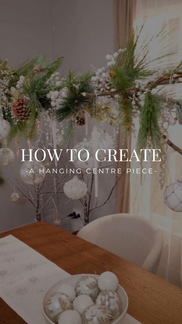 EZ Living Furniture Ireland on Instagram: "DIY alert 🚨 Create your own hanging centrepiece with items you most likely already have ✨⭐️ This is the most elegant centrepiece that is sure be the focal point of any dinner party this Christmas 🎄 #Christmas23 #diy #outdoorlights #interiordesign #christmastree #baubles" Christmas Table Hanging Centerpieces, Hanging Centrepieces Christmas, Xmas Table Large Tree Centrepiece, Christmas Hoop Table Centerpiece, Hanging Baubles Decoration, Christmas Mantal, Floating Centerpieces, Hanging Centerpiece, Elegant Centerpieces