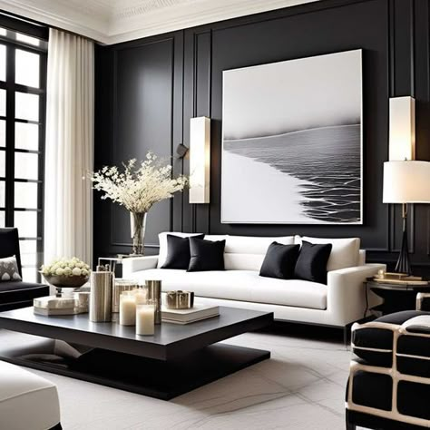 20 Black and White Living Room Decor Ideas » HomeDecorFull Black And White Living Room Panelling, Gold White Black Living Room, High Rise Living Room Decor, Black And White Family Room Ideas, White Black And Gold Living Room, Living Room With Black Accent Wall, Modern Black And White Living Room, Black And White Living Room Ideas Modern, Black Cream Living Room