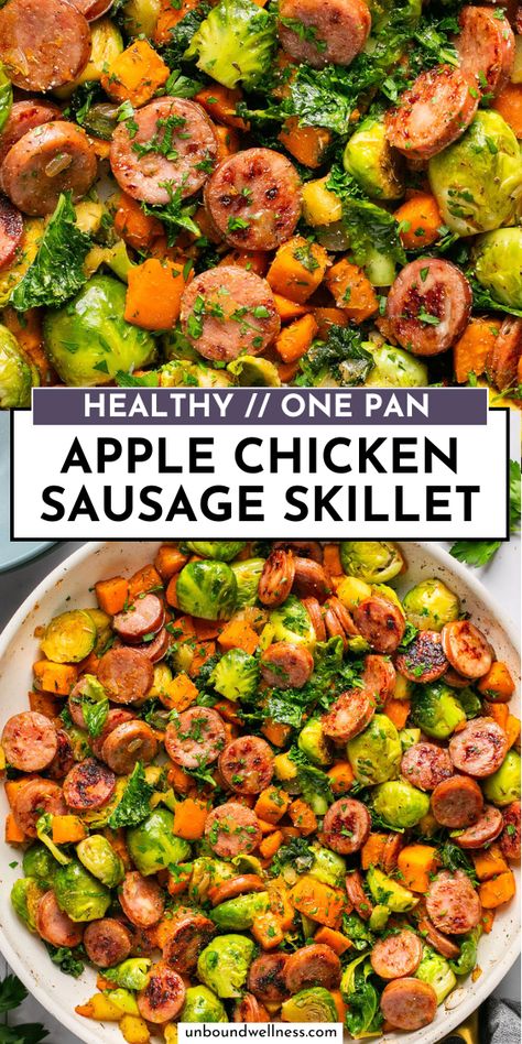 This apple chicken sausage and harvest vegetable skillet is an easy one-pan meal that’s perfect for fall! It’s paleo and whole30 friendly. Apple Chicken Sausage And Harvest Vegetable Skillet, Apple And Sausage Recipes, Chicken Apple Sausage Skillet, Applewood Chicken Sausage Recipes, Recipes With Apple Chicken Sausage, Chicken Sausage Crockpot Recipes, Fall Skillet Meals, Fall Whole 30 Recipes, Whole 30 Fall Recipes